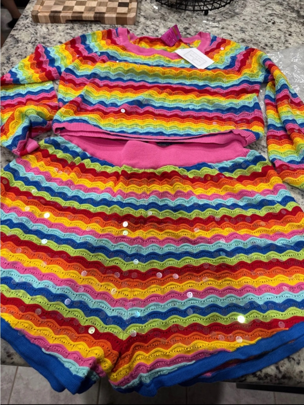 Womens Rainbow Stripe Knit Two-Piece Set - Pink Multicolor
